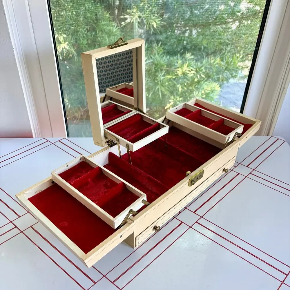 Large Vintage 1960s Cantilever Jewelry Box Red Velvet Mirror Ivory Vanity